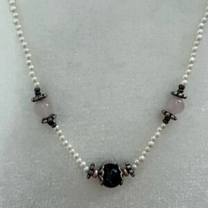 Beautiful seed bead wire necklace with Blue Center Bead and Metal 24 inch length